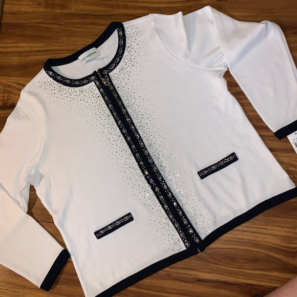 Cathy Daniels Sweaters - C.D. Petites cardigan white navy Large rhinestones